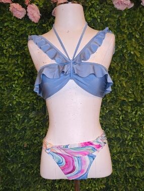 Chelsea & Violet Blue Ruffle Bikini Set with Multicolor Swirl Bottoms